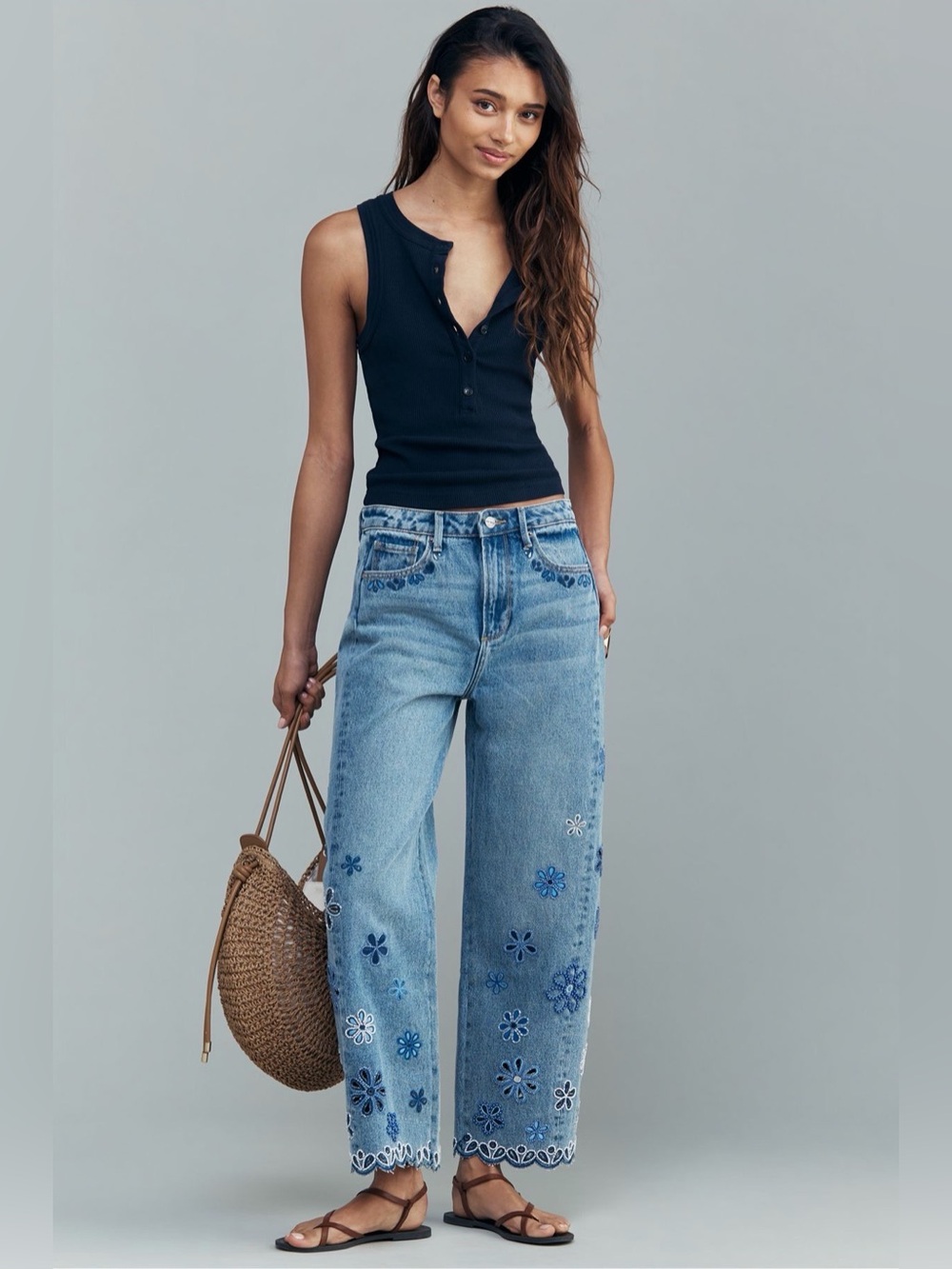 Anthropologie Light Blue Embroidered High-Rise Jeans